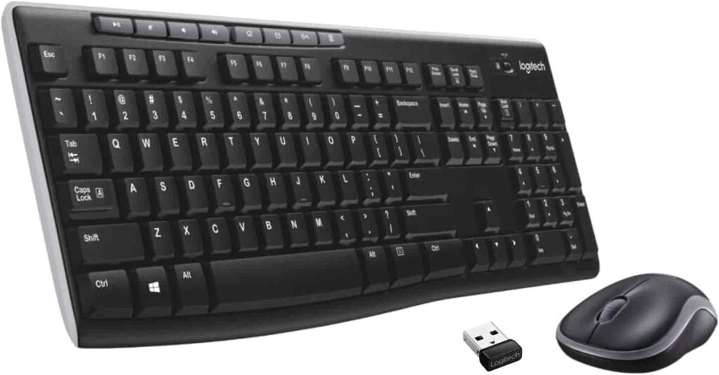 Wireless keyboard and mouse placed side by side on a desk.