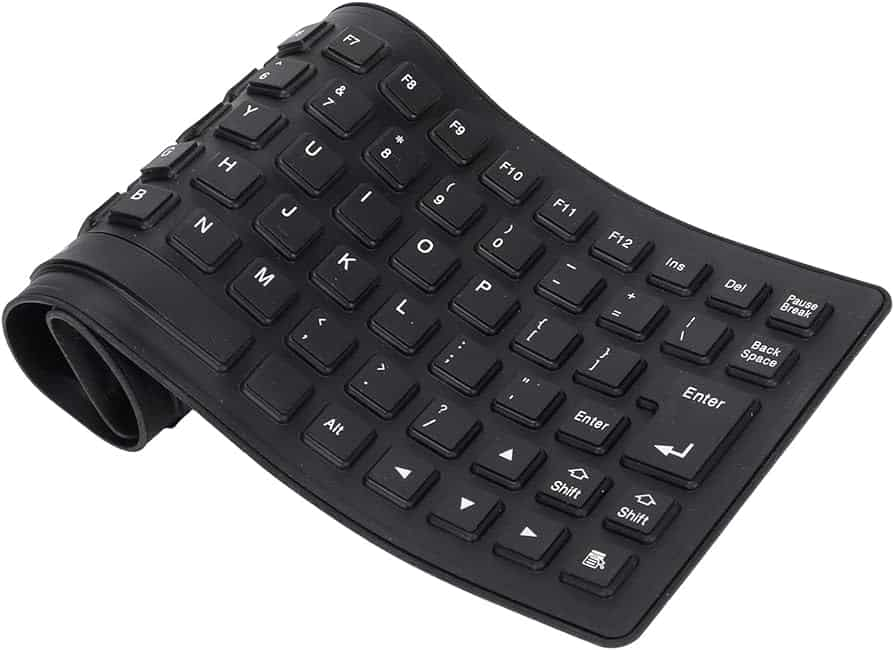 A flexible black keyboard with a black cover on top.